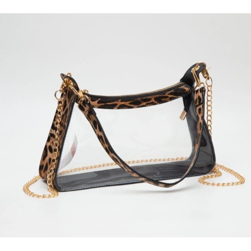 Clear Leopard Trim Satchel Bag, Gold Chain Crossbody, Stadium Approved Concert
